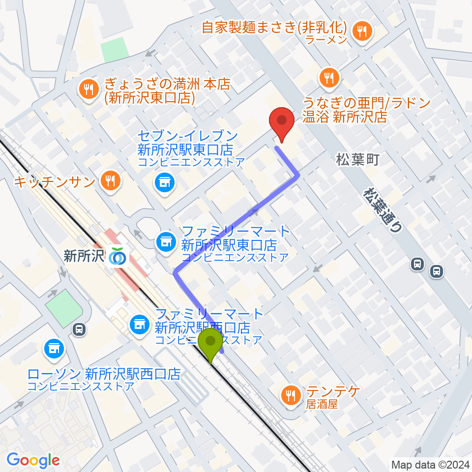 ワイワイミュージックスタジオ新所沢店の最寄駅新所沢駅からの徒歩ルート（約4分）地図