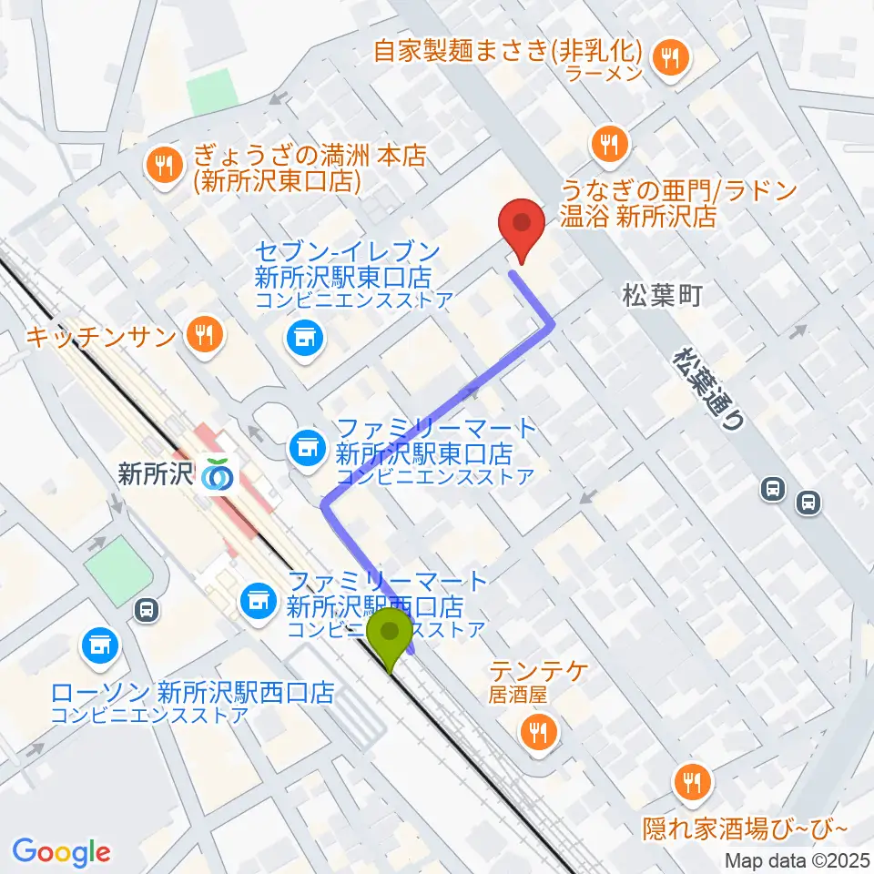 ワイワイミュージックスタジオ新所沢店の最寄駅新所沢駅からの徒歩ルート（約4分）地図