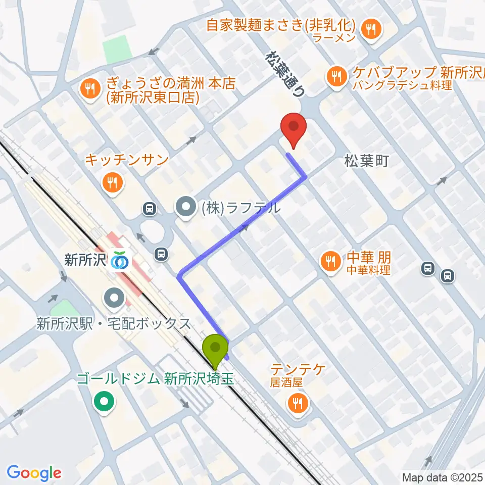 Y.Y Music Studio 新所沢店の最寄駅新所沢駅からの徒歩ルート（約4分）地図