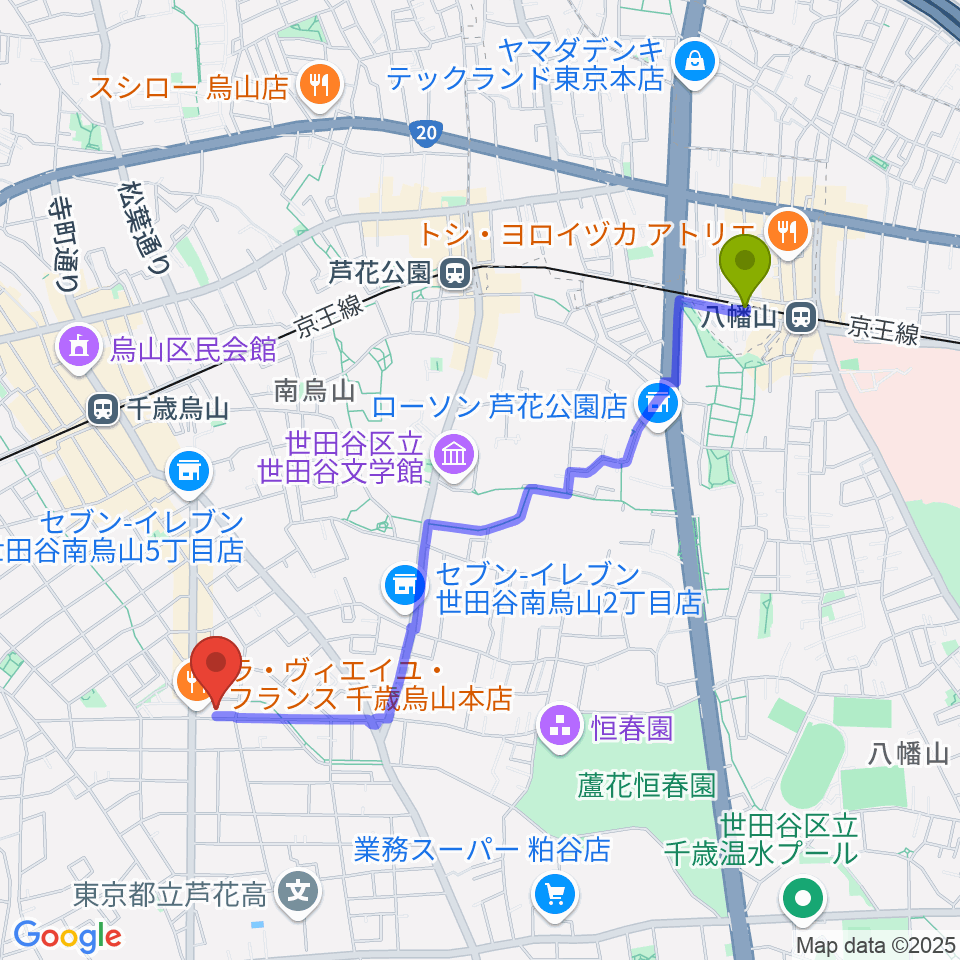 八幡山駅からユリミュージックキャンパス千歳鳥山教室へのルートマップ地図