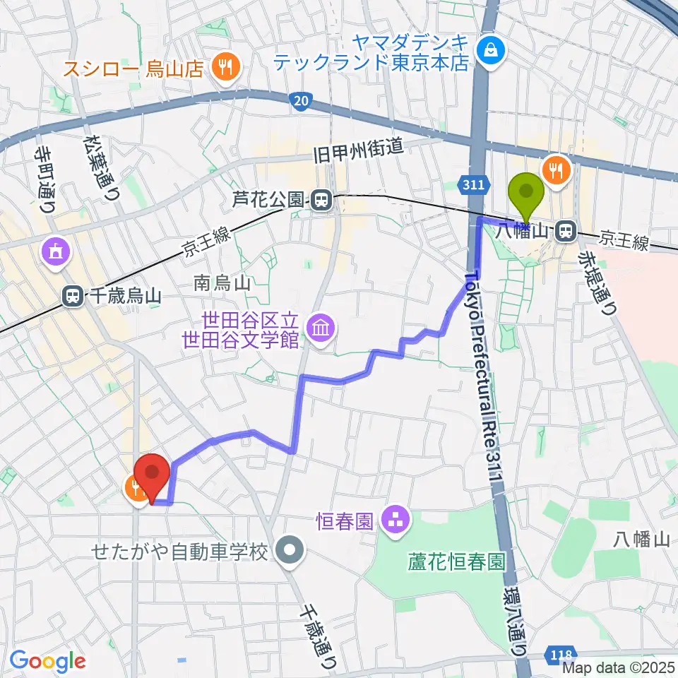 八幡山駅からユリミュージックキャンパス千歳鳥山教室へのルートマップ地図