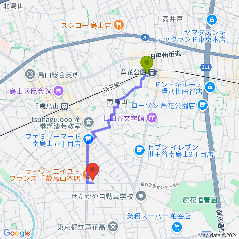 芦花公園駅からユリミュージックキャンパス千歳鳥山教室へのルートマップ地図