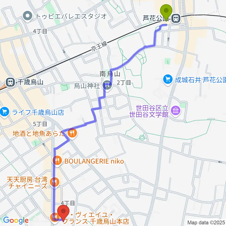 芦花公園駅からユリミュージックキャンパス千歳鳥山教室へのルートマップ地図