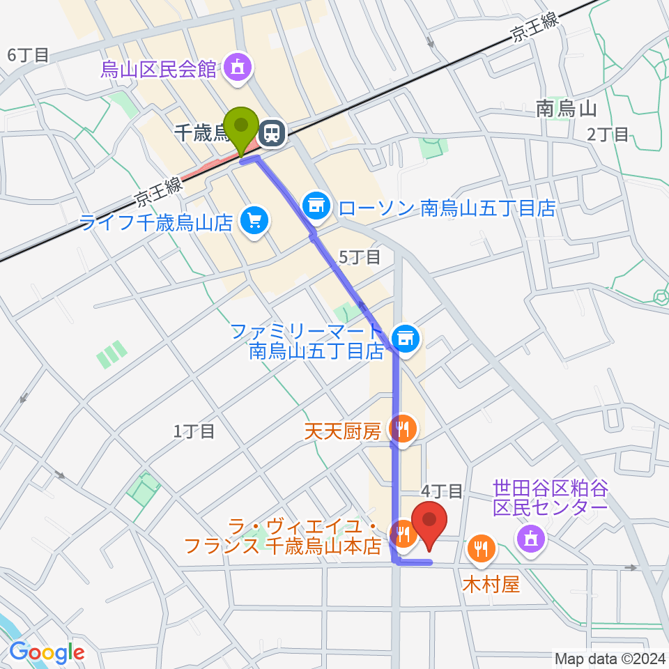 ユリミュージックキャンパス千歳鳥山教室の最寄駅千歳烏山駅からの徒歩ルート（約10分）地図