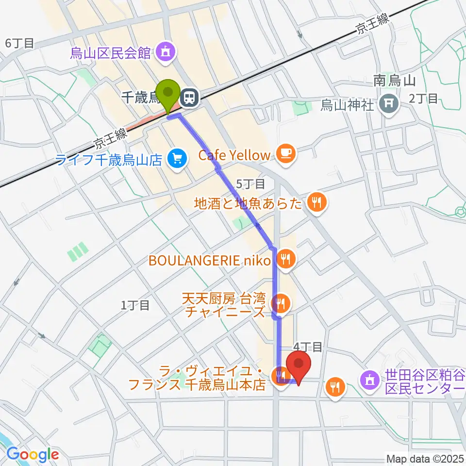ユリミュージックキャンパス千歳鳥山教室の最寄駅千歳烏山駅からの徒歩ルート（約10分）地図