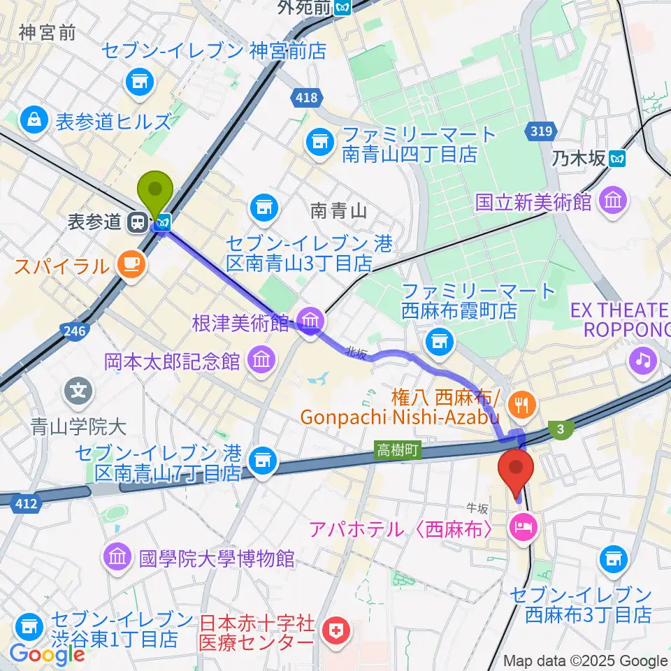 表参道駅から霞町音楽堂へのルートマップ地図