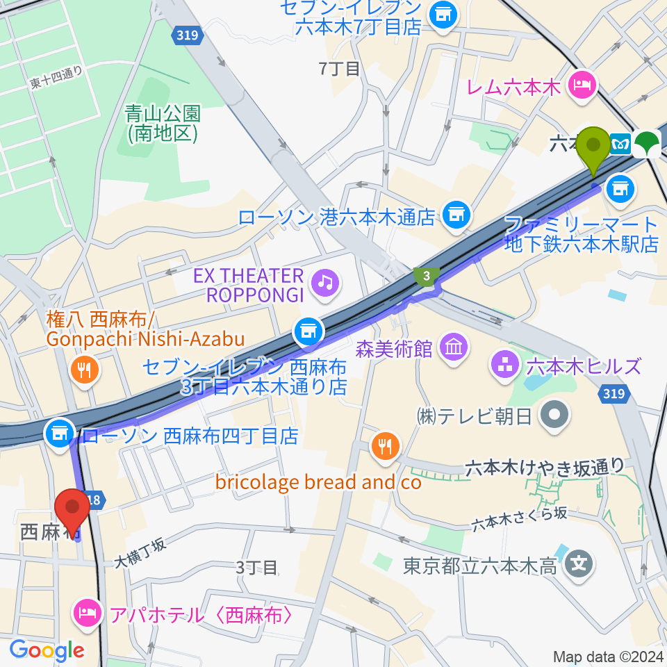 六本木駅から霞町音楽堂へのルートマップ地図