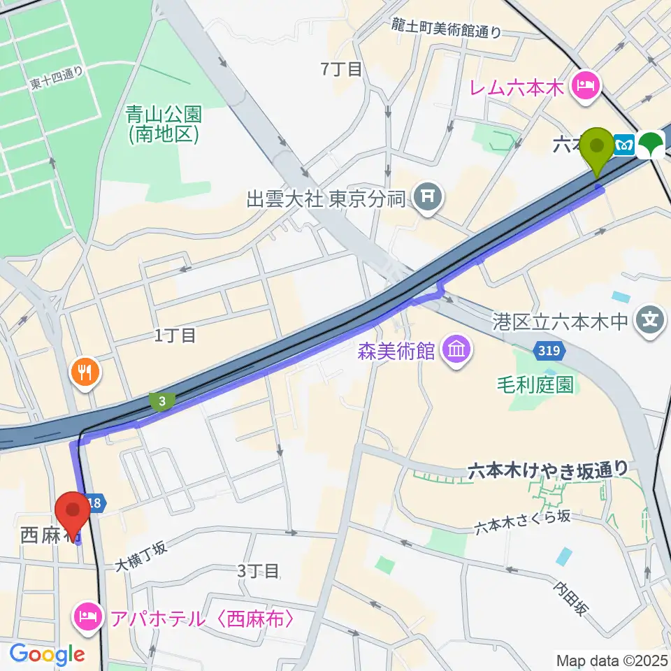 六本木駅から霞町音楽堂へのルートマップ地図