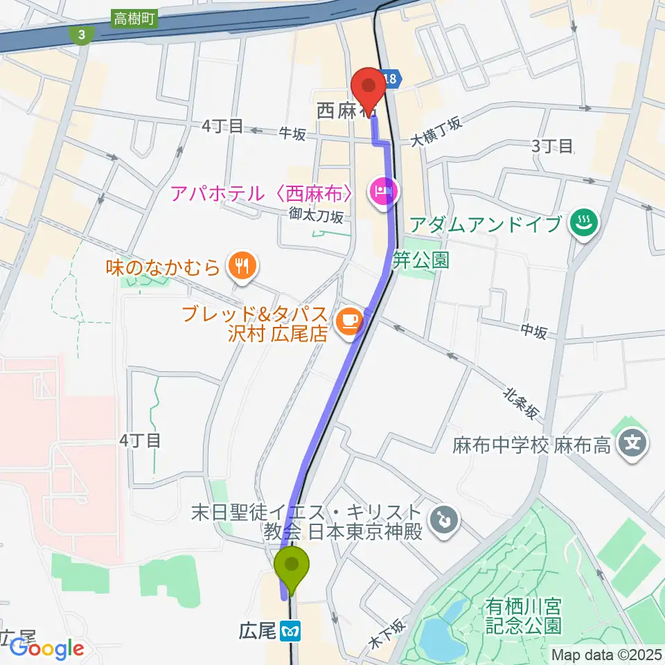 霞町音楽堂の最寄駅広尾駅からの徒歩ルート（約11分）地図