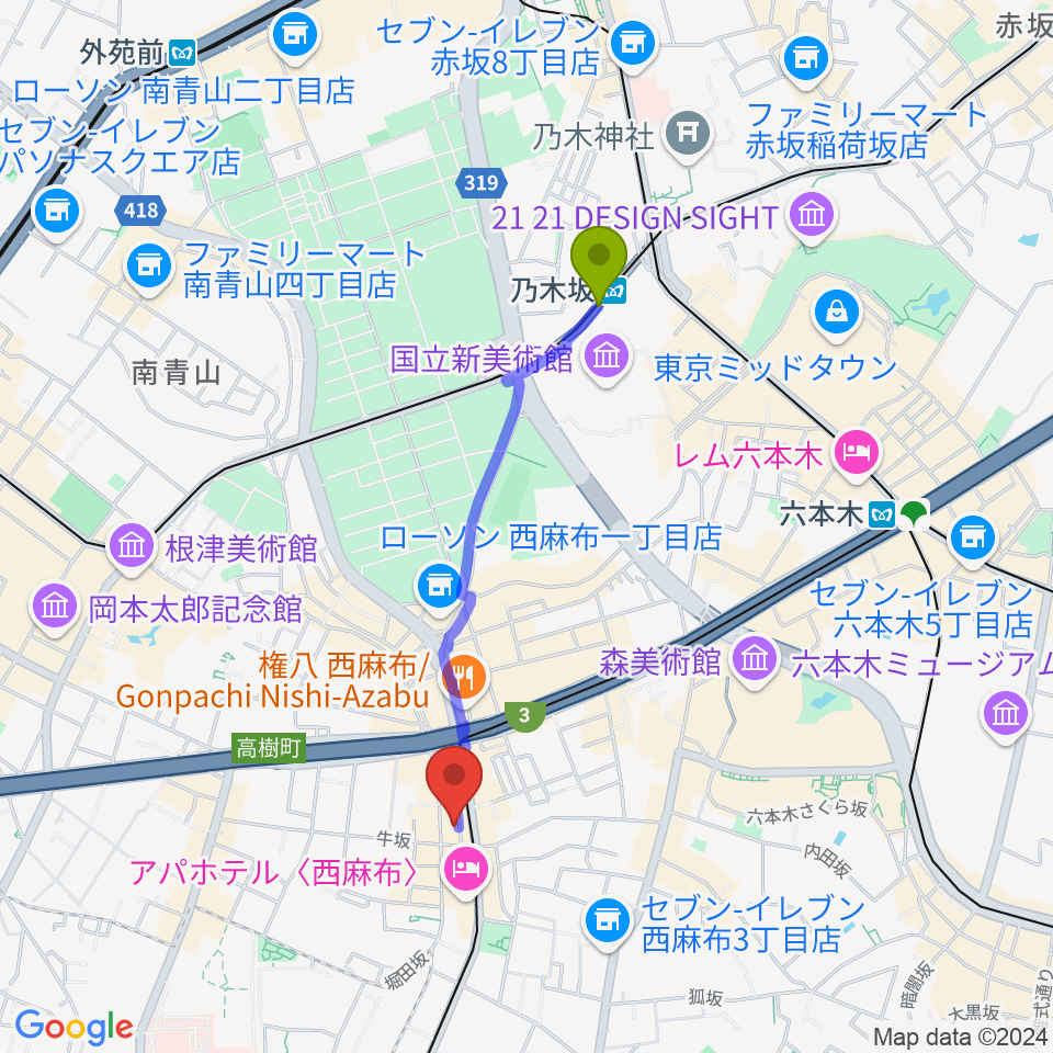 乃木坂駅から霞町音楽堂へのルートマップ地図