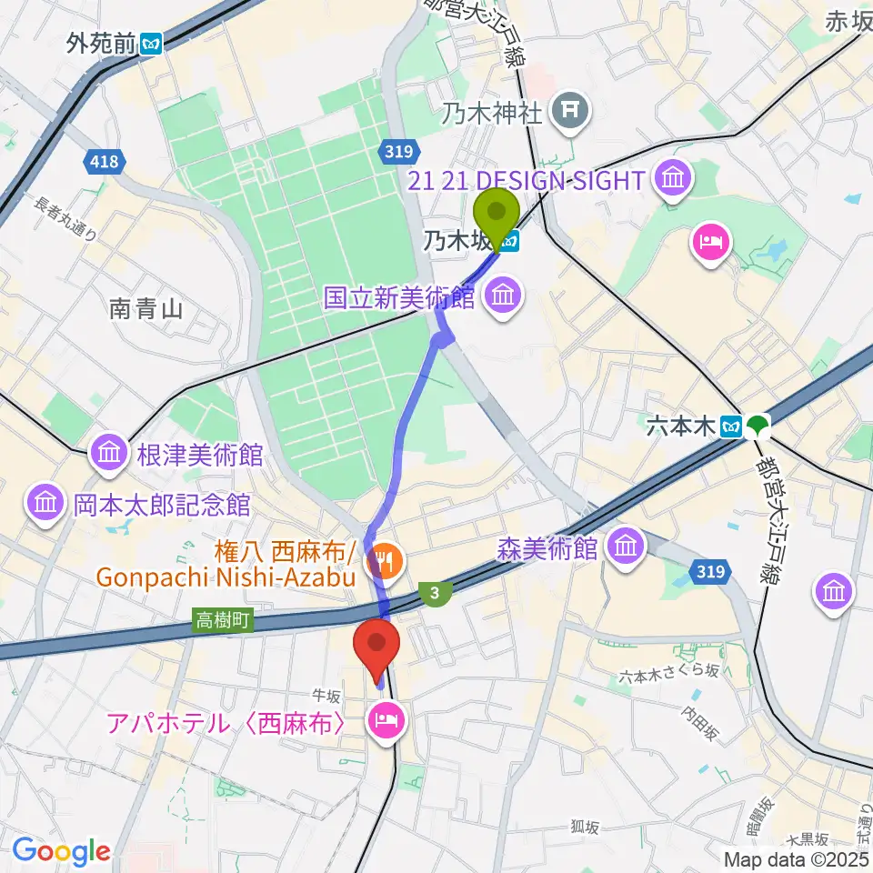 乃木坂駅から霞町音楽堂へのルートマップ地図