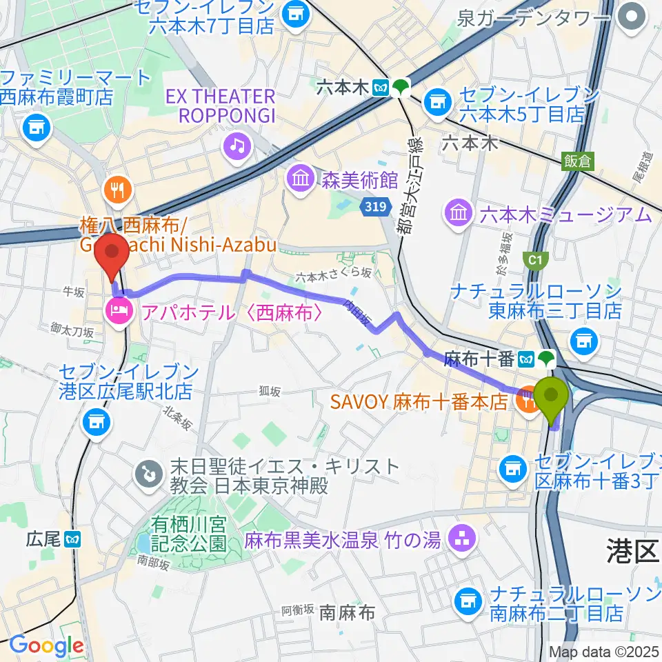 麻布十番駅から霞町音楽堂へのルートマップ地図