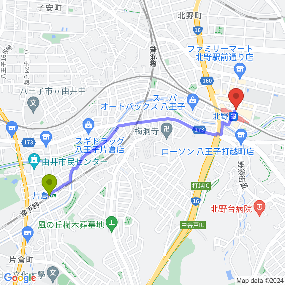 片倉駅からスタジオ・ラクスタ八王子北野店へのルートマップ地図