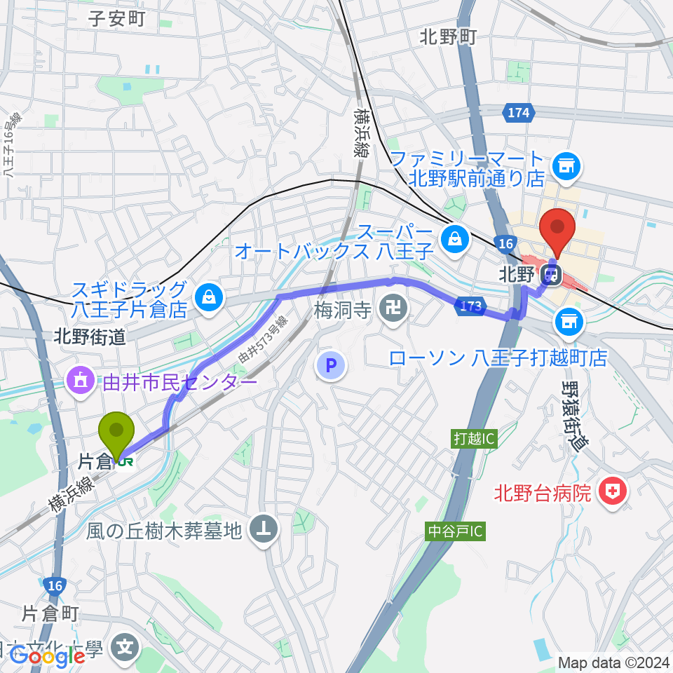 片倉駅からスタジオ・ラクスタ八王子北野店へのルートマップ地図