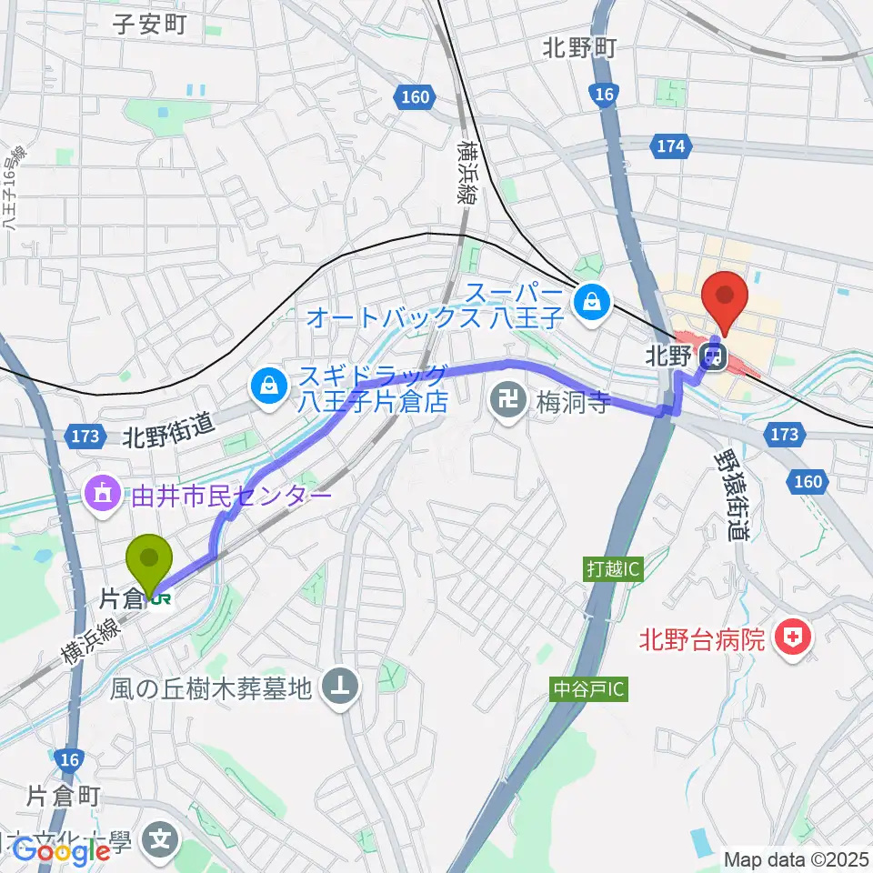 片倉駅からスタジオ・ラクスタへのルートマップ地図