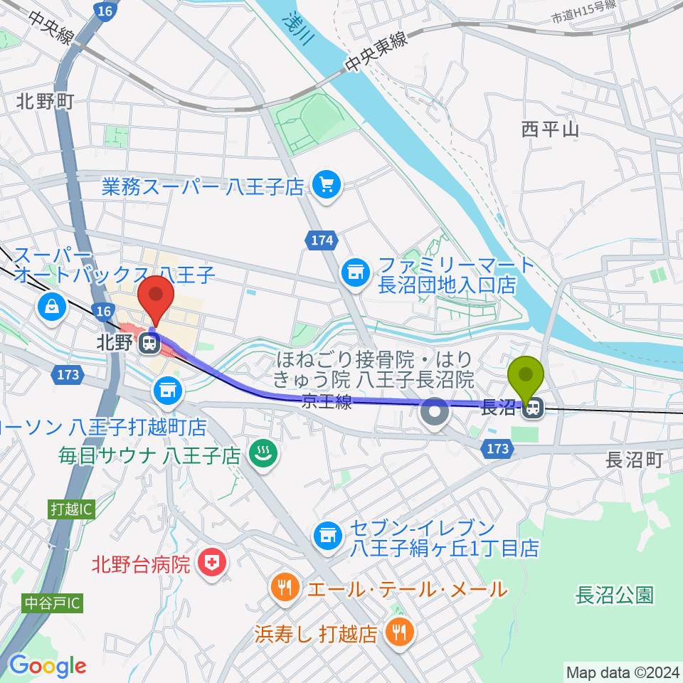 長沼駅からスタジオ・ラクスタ八王子北野店へのルートマップ地図