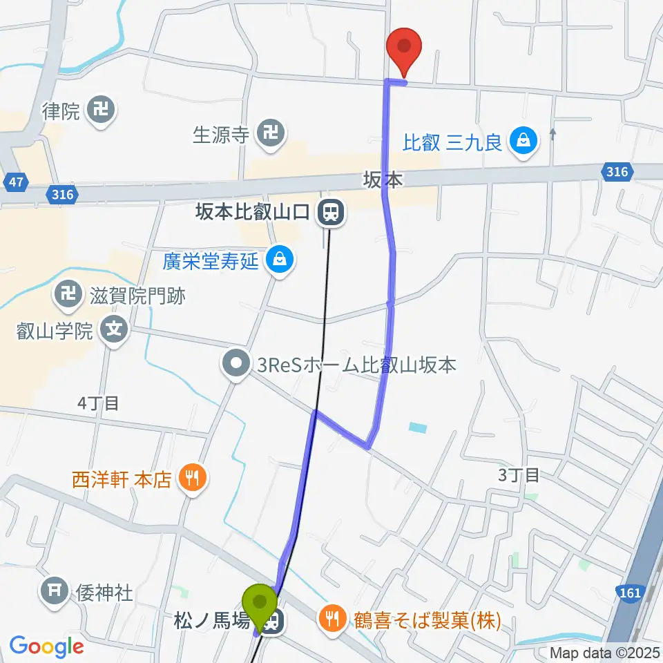 松ノ馬場駅からラプリマ音楽教室へのルートマップ地図