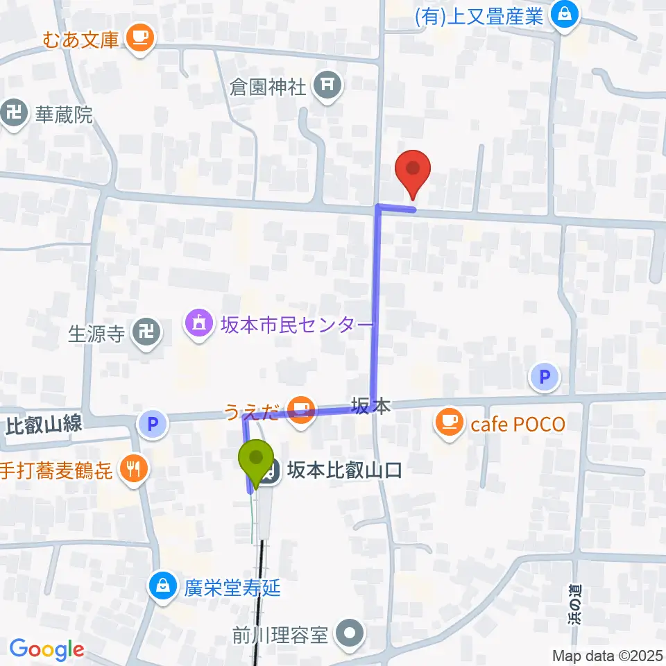 ラプリマ音楽教室の最寄駅坂本比叡山口駅からの徒歩ルート（約4分）地図
