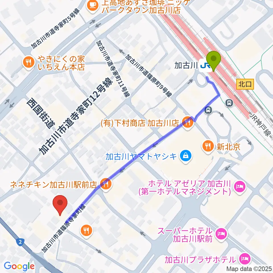 ヤマハミュージック 加古川センターの最寄駅加古川駅からの徒歩ルート（約6分）地図