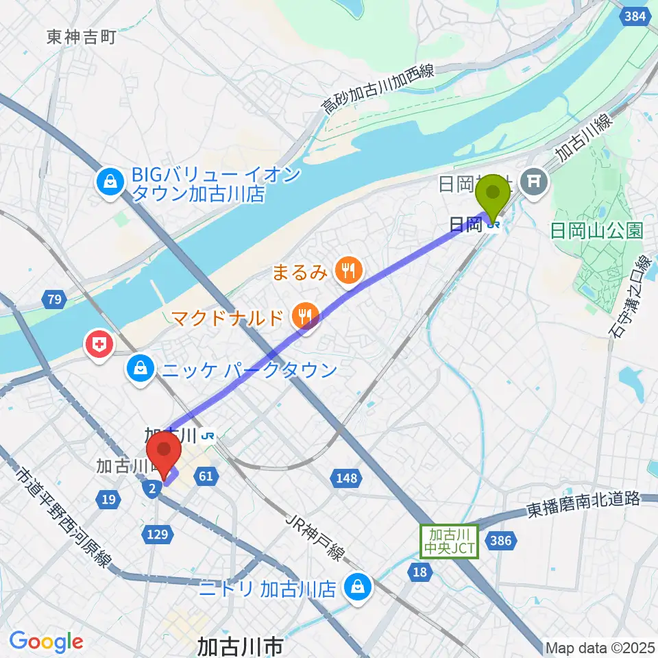 日岡駅からヤマハミュージック 加古川センターへのルートマップ地図