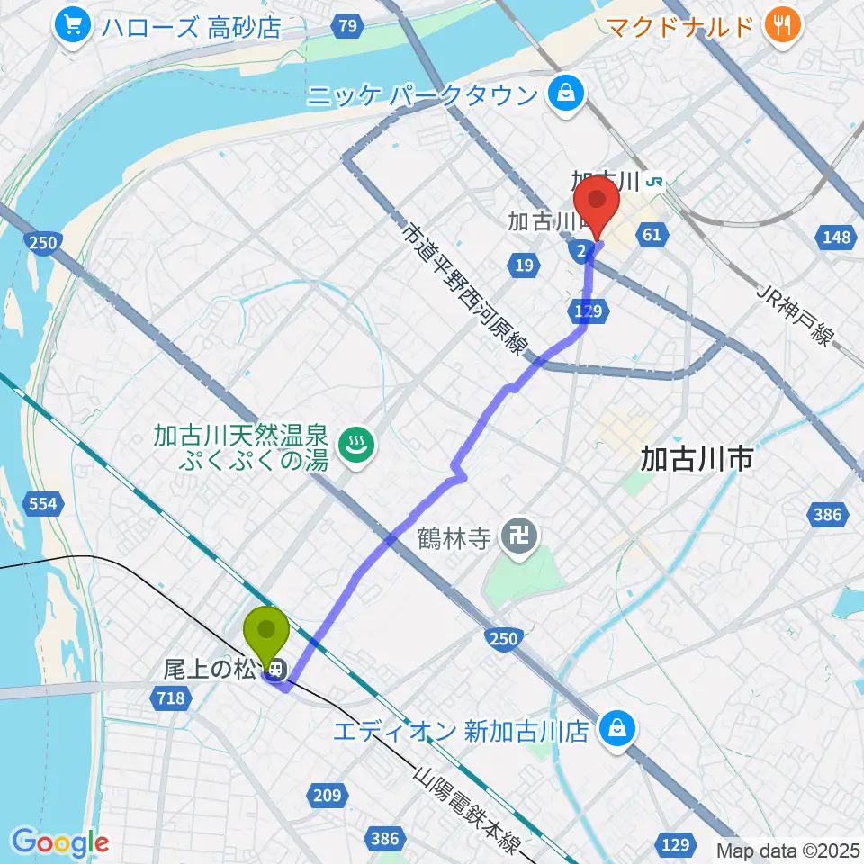 尾上の松駅からヤマハミュージック 加古川センターへのルートマップ地図