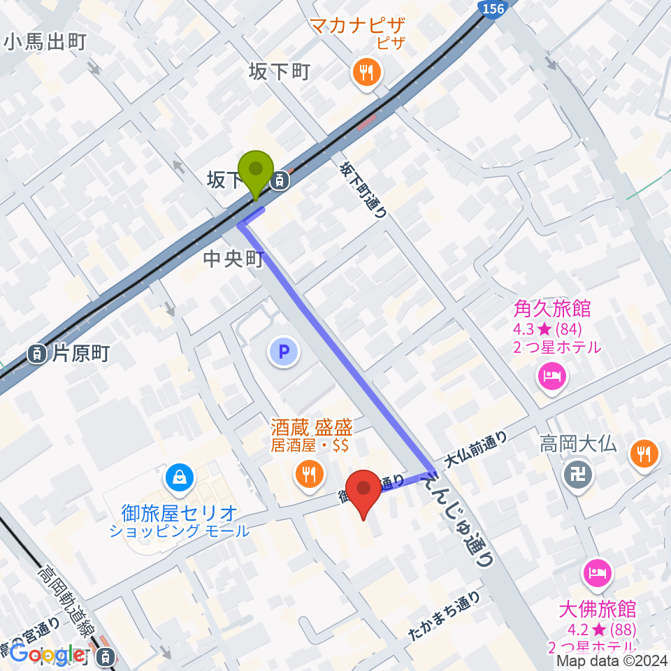 坂下町駅から御旅屋座へのルートマップ地図