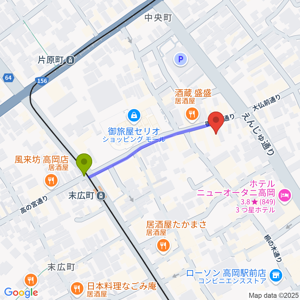 御旅屋座の最寄駅末広町駅からの徒歩ルート（約4分）地図