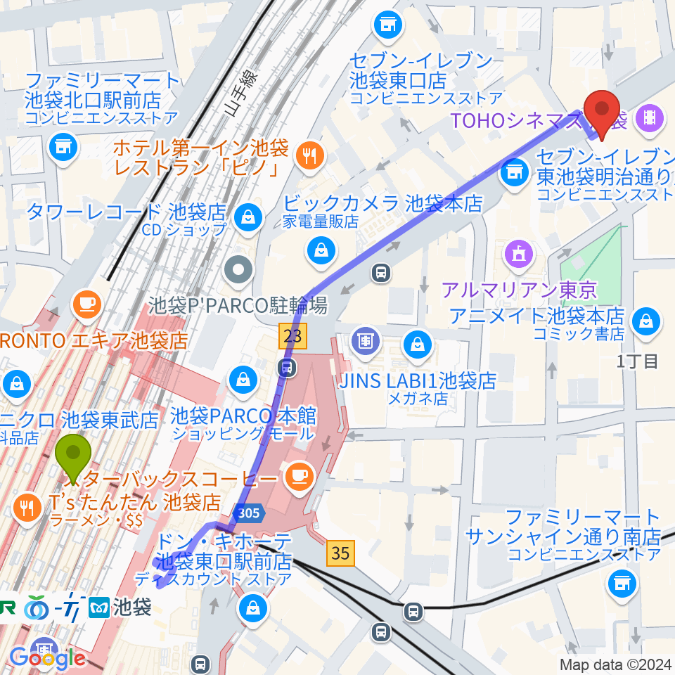 TOHOシネマズ池袋の最寄駅池袋駅からの徒歩ルート（約7分）地図