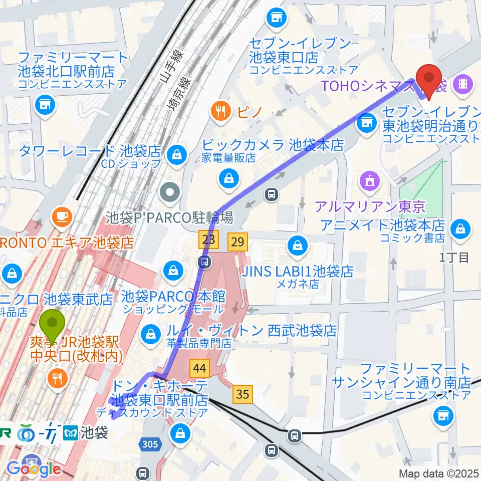 TOHOシネマズ池袋の最寄駅池袋駅からの徒歩ルート（約7分）地図