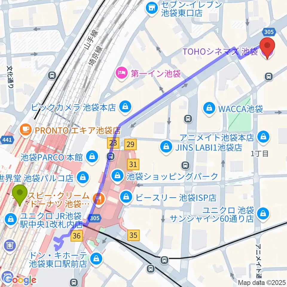 TOHOシネマズ池袋の最寄駅池袋駅からの徒歩ルート（約8分）地図