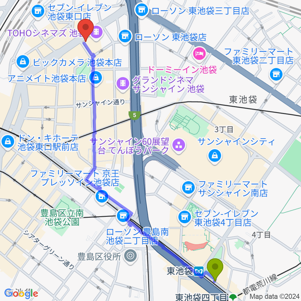 東池袋駅からTOHOシネマズ池袋へのルートマップ地図