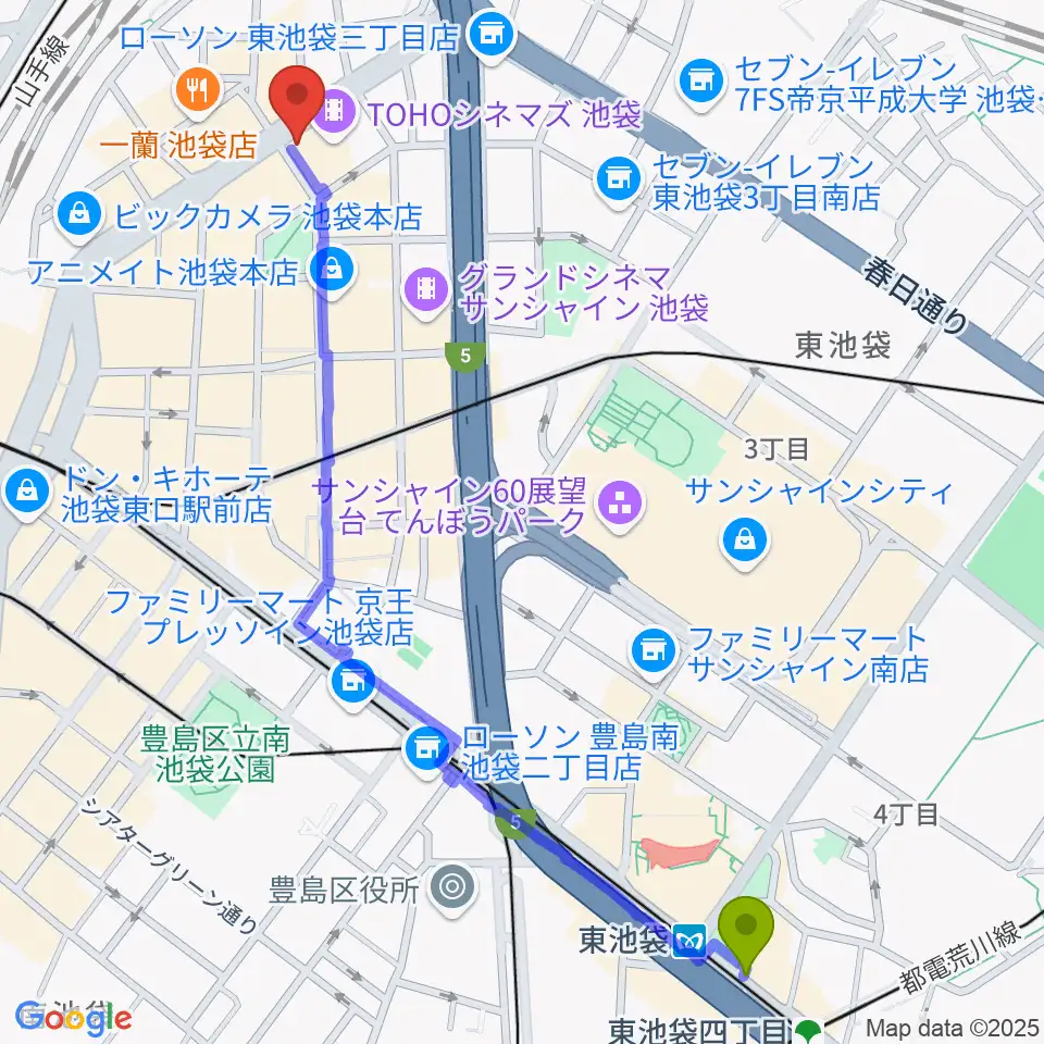 東池袋駅からTOHOシネマズ池袋へのルートマップ地図