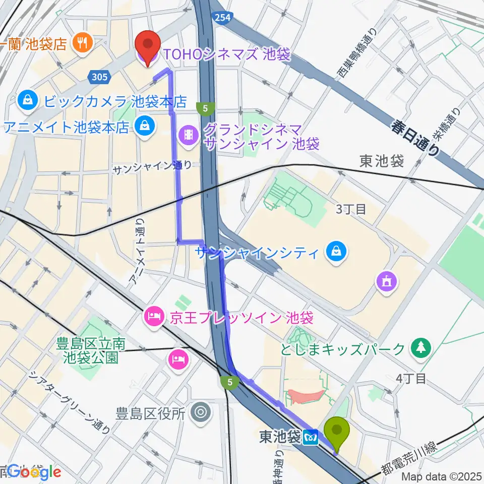 東池袋駅からTOHOシネマズ池袋へのルートマップ地図