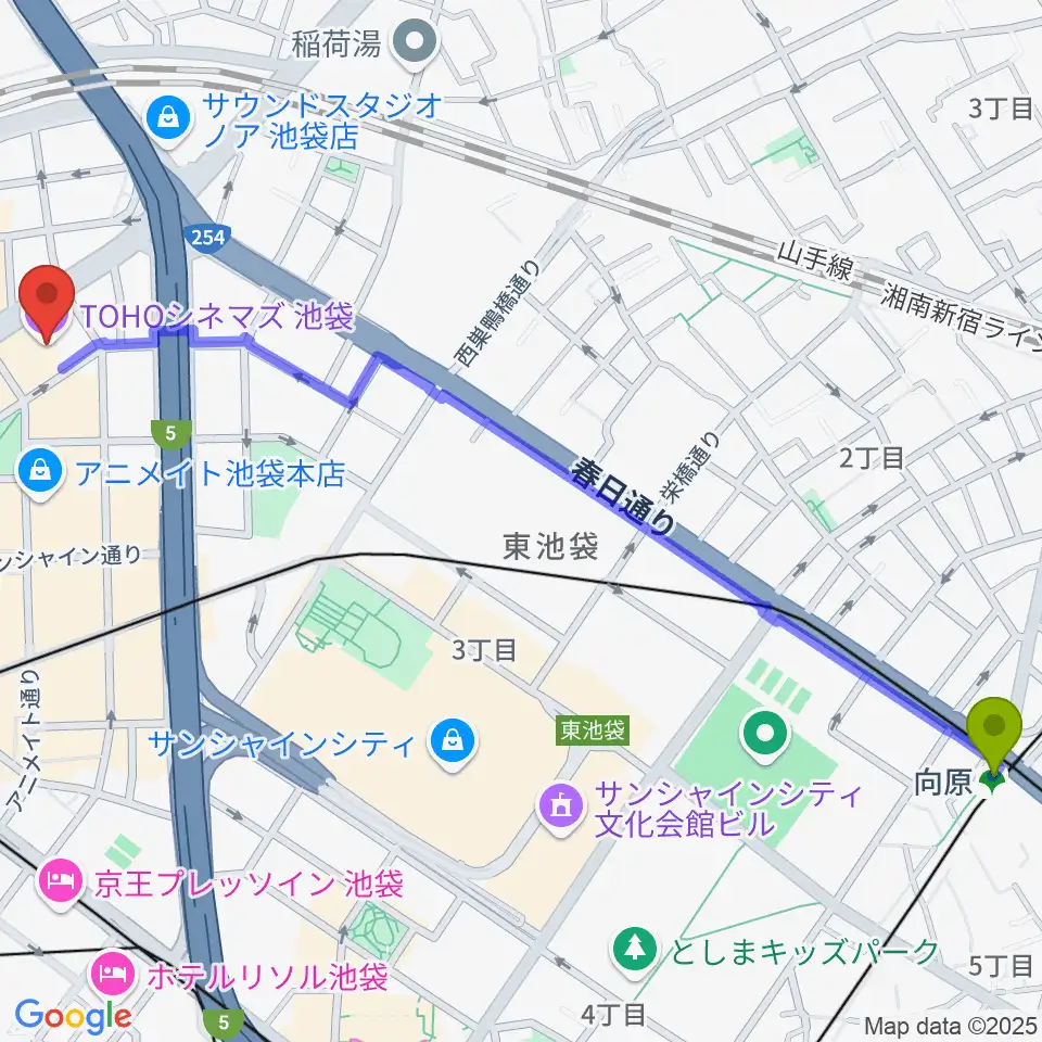 向原駅からTOHOシネマズ池袋へのルートマップ地図