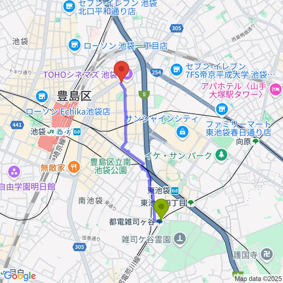 都電雑司ヶ谷駅からTOHOシネマズ池袋へのルートマップ地図