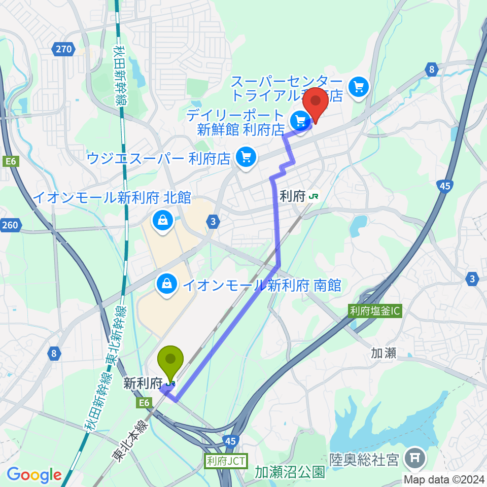 新利府駅から利府町文化交流センター リフノスへのルートマップ地図