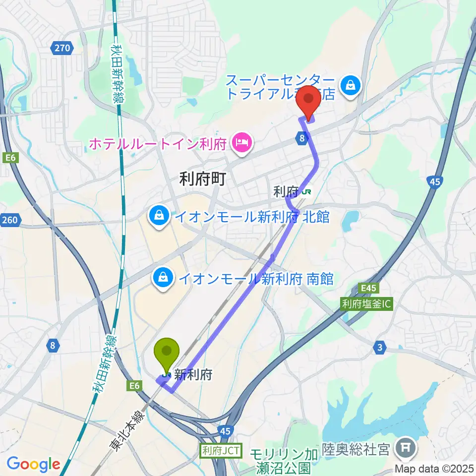 新利府駅から利府町文化交流センター リフノスへのルートマップ地図