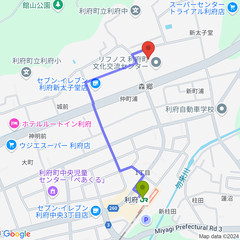 利府町文化交流センター リフノスの最寄駅利府駅からの徒歩ルート（約9分）地図