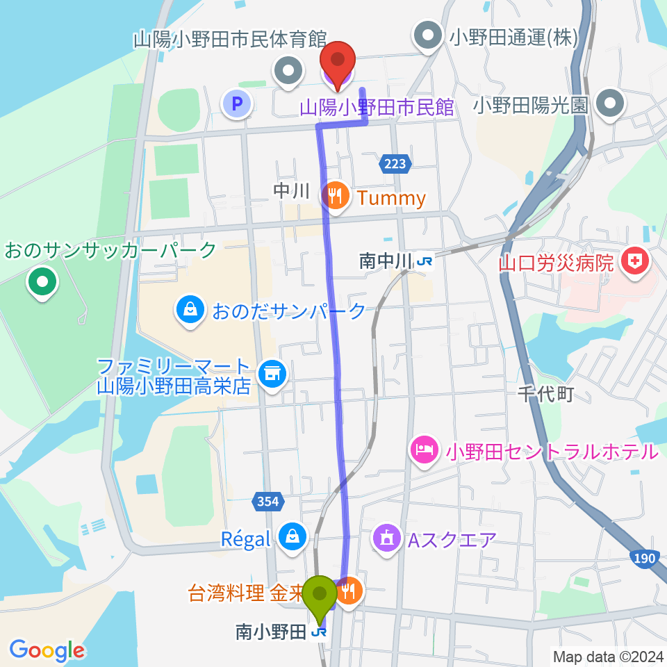 南小野田駅から山陽小野田市民館へのルートマップ地図