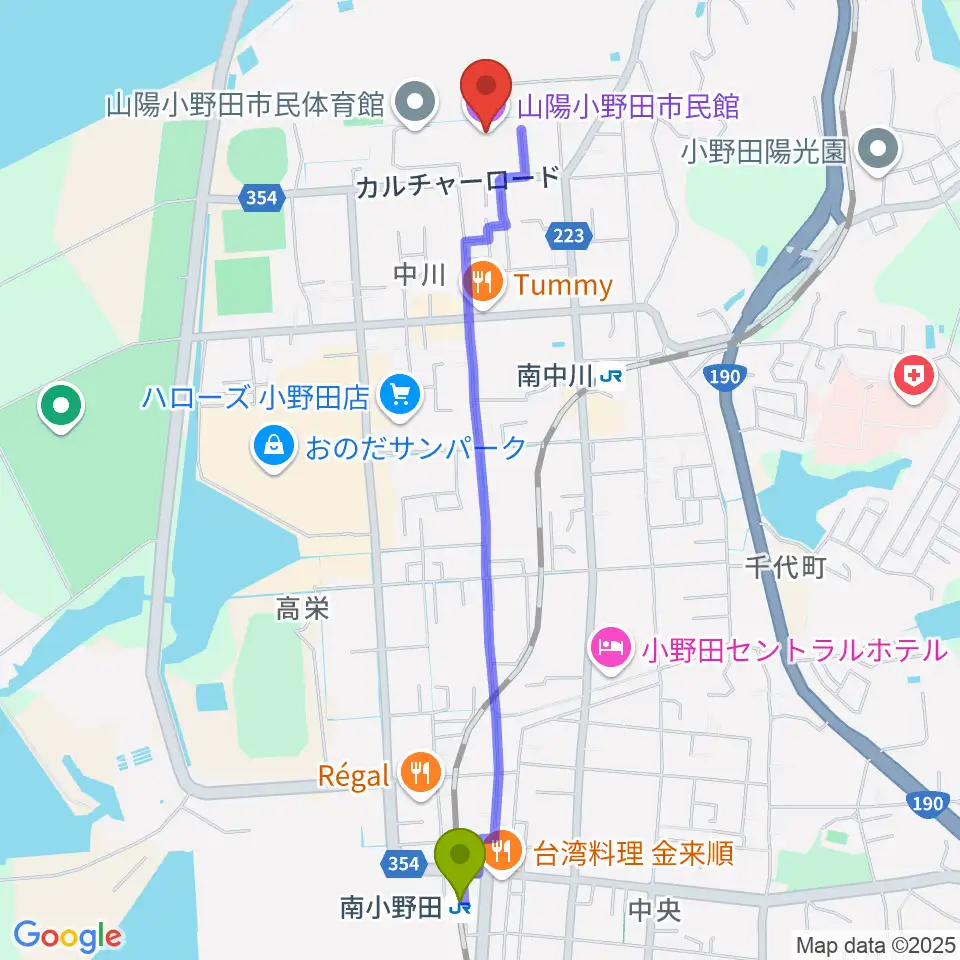 南小野田駅から山陽小野田市民館へのルートマップ地図