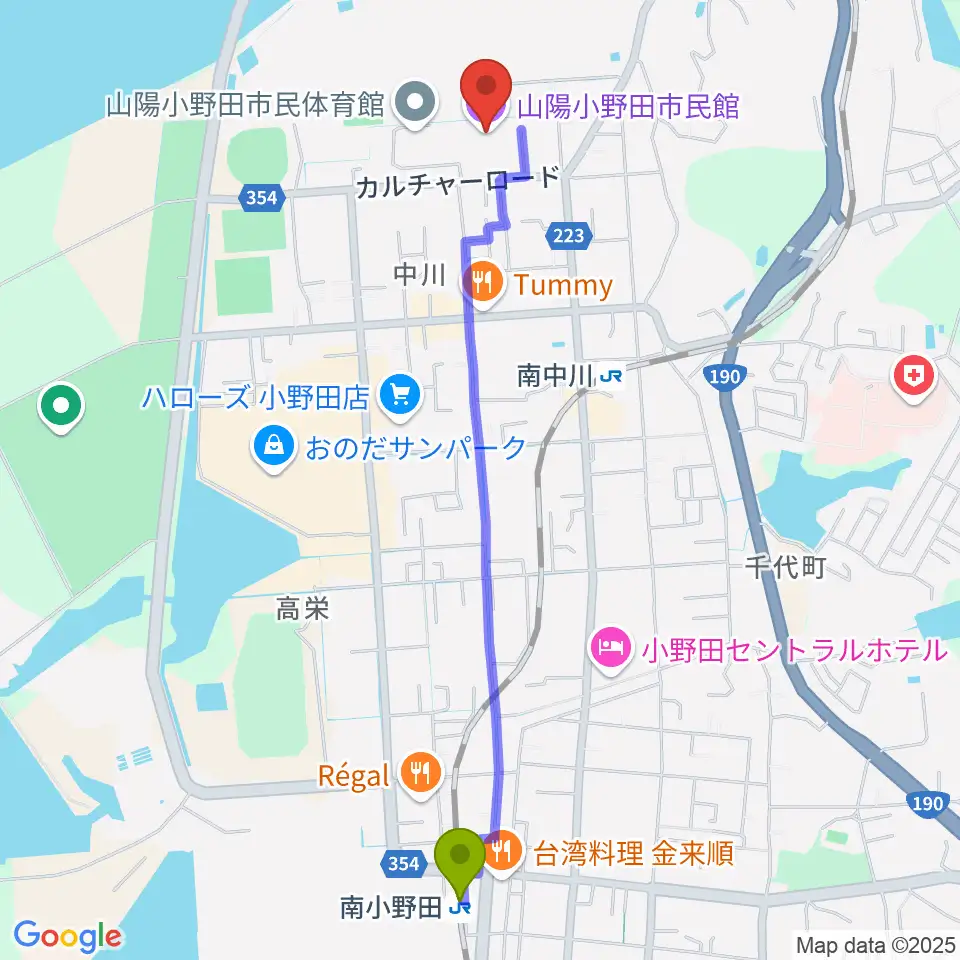 南小野田駅から山陽小野田市民館へのルートマップ地図