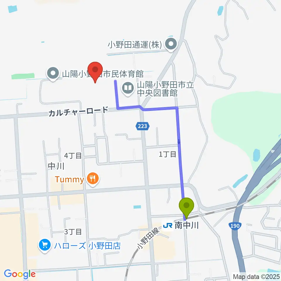 山陽小野田市民館の最寄駅南中川駅からの徒歩ルート（約9分）地図