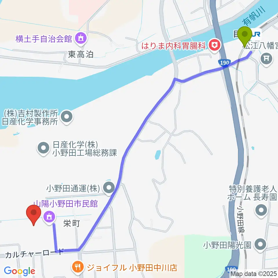 目出駅から山陽小野田市民館へのルートマップ地図