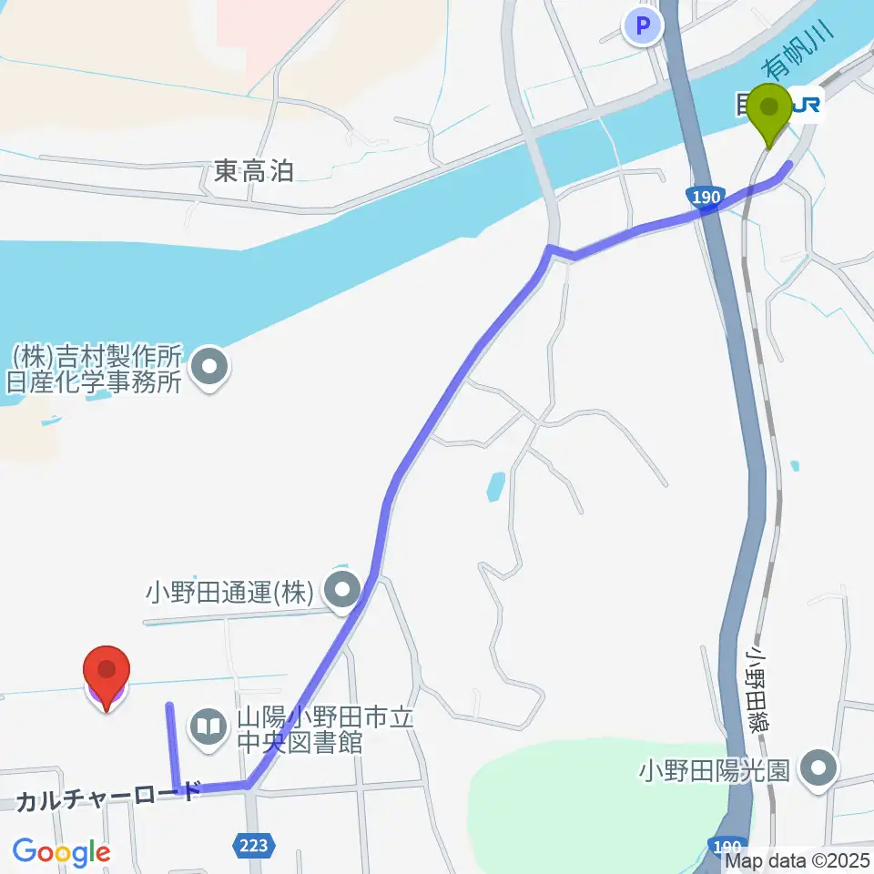 目出駅から山陽小野田市民館へのルートマップ地図
