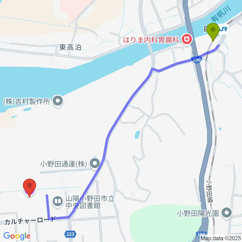 目出駅から山陽小野田市民館へのルートマップ地図