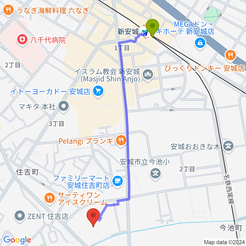 ボーカル教室かのん アンディ安城校の最寄駅新安城駅からの徒歩ルート（約13分）地図