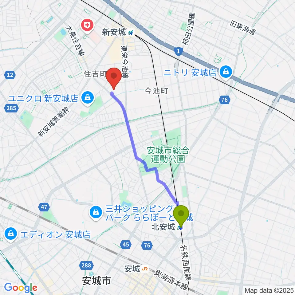 北安城駅からボーカル教室かのんへのルートマップ地図