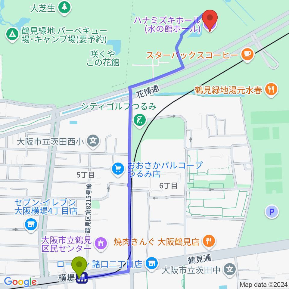 横堤駅からハナミズキホール（水の館ホール）へのルートマップ地図