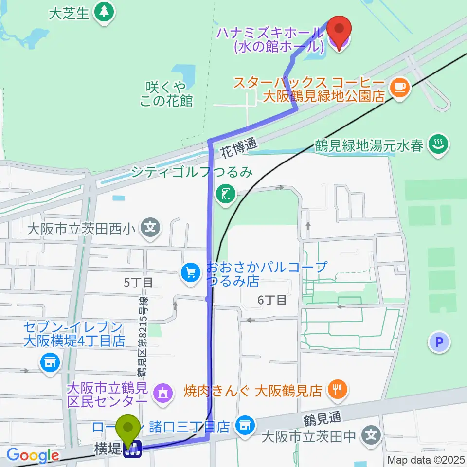 横堤駅からハナミズキホール（水の館ホール）へのルートマップ地図