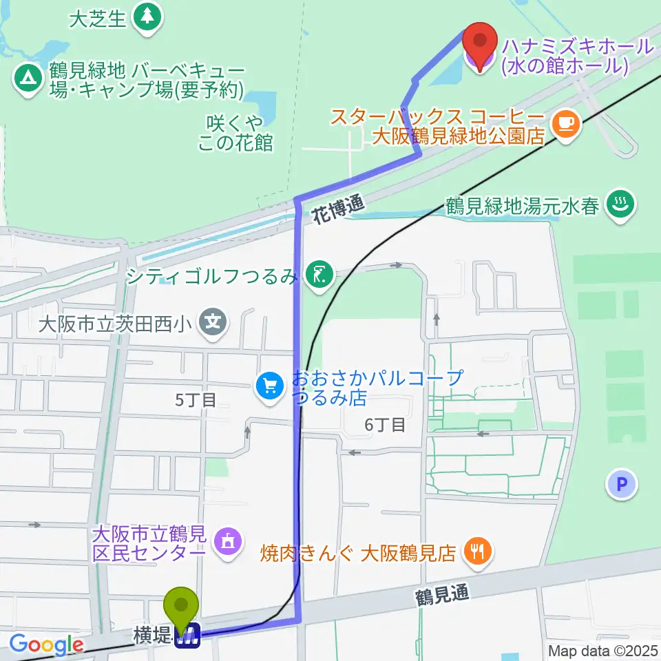 横堤駅からハナミズキホールへのルートマップ地図